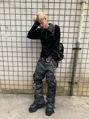 Japanese Waxed Strap Flare Baggy Black Denim Jeans size 32